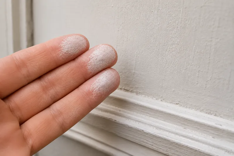 Three fingertips coated in white chalk dust held against a pale wall and baseboard.